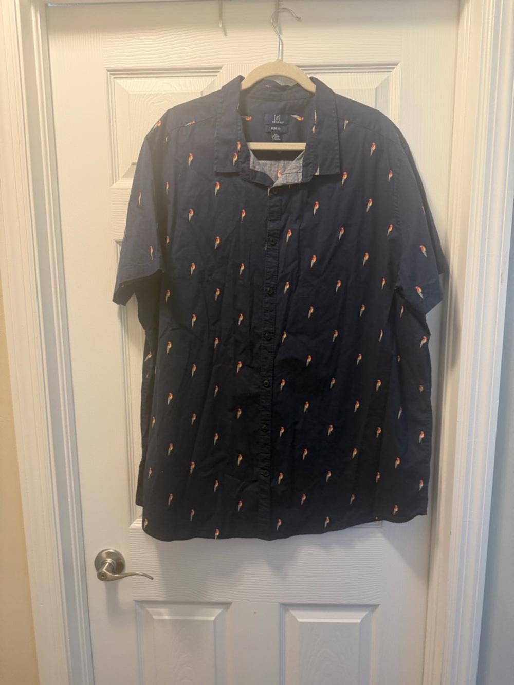 George Navy Short Sleeve Button-Down Shirt with Orange Parrot Print